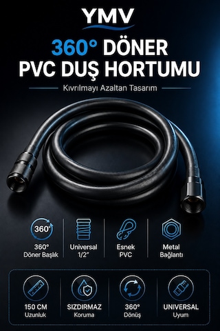 Ymv 150 Cm Siyah Pvc Duş Hortumu Esnek Banyo Duş Başlığı Hortumu Duş Spirali 1,5 Metre