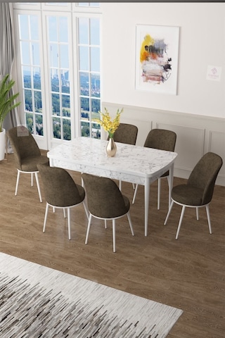 Canisa Concept Zen Serisi 80x132 Mdf Açılabilir Beyaz Mermer Desen Masa Takımı Ve 6 Kahverengi Sandalye Masa Beyaz/sandalyeler Kahvrerengi
