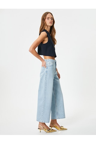 Koton Geniş Kısa Paça Kot Pantolon Standart Bel Pamuklu Cepli - Bianca Crop Jean Bleach 4sal40009md Açık Mavi
