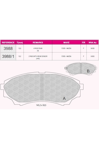 Bsr Fren Balata On Ikazlı Ford Ranger 2.5 Tdcı 4x4 2002-2006 / Ranger 2.2 Tdcı 2002-2006 / Ranger 3.0 Tdcı 2002-2006 / Ranger 3.2 Tdcı 2002-2006 / Maz