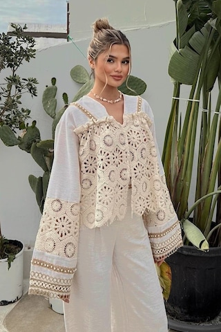 Fashion Cocktail Romantik Kore Tarzı İnci Brode İşçilikli Dantel Zarif Yelek Pantolon Ham Keten Bohem Takım Bej