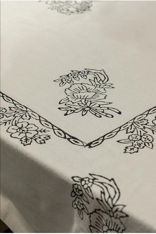 Doğal Pamuk Keten Dikdörtgen Masa Örtüsü 160x200 Cm El Baskılı