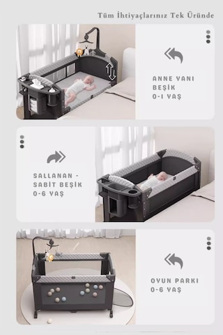 Kiwi Wildnest 3in1 Anne Yanı Park Yatak Katlanır Beşik, Tekerlekli, Yan Açılır, Müzik+oyuncak+cibinlik