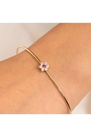 Gümüş Bilezik - Yakut Taşlı Çiçek Tasarım Zarif 925 Ayar Gümüş Bilezik Gümüş