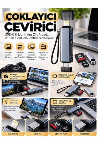 Type-c Lightning Çift Girişli Sd Tf Kart Okuyucu Usb Otg Apple iPhone Uyumlu Android Hafıza Kartı Adaptörü