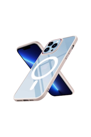 Apple Uyumlu iPhone 13 Pro Kılıf Magsafe Şeffaf Arka Yüz Kamera Yükseltili Silikon Ogaa Pembe Açık