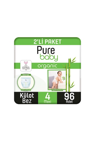 Pure Baby Organik Bambu Özlü Külot Bez 2'li Paket 4 Numara Maxi 96 Adet 2'li
