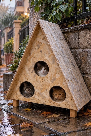 Reyo 3 Bölmeli 3 Kedilik Büyük Boy Kedi Evi Dış Ortam Uygun Ahşap Kedi Yuvası Kedi Barınağı Osb 78 x 76 x 35 CM CAT21