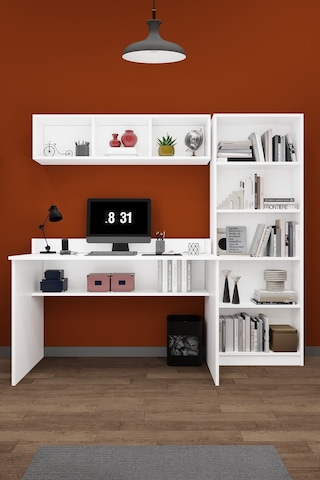 Asra Trend Çalışma Masası Seti ÇMT001 %100 MDF Kitaplıklı Raflı Ofis Takımı Beyaz