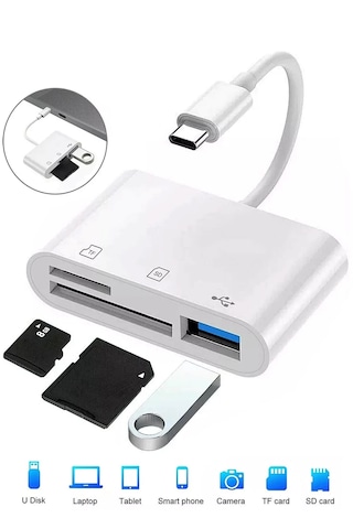 Mettzchrom Apple Uyumlu iPhone 15 / 16 / 17 Serilerine 3in 1 Kart Hafıza Kart Okuyucu Type-c Sd Micro Sd Kart Usb