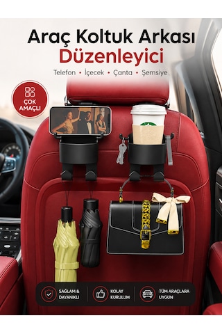 Araç Koltuk Arkası Organizer - 2'li Paket - Bardak + Telefon + Tablet Tutucu - Araç İçi Düzenleyici Askılık Aparat 2 Adet - Siyah