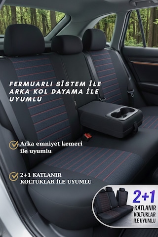 Lifos Serisi Koton Kumaş Universal Oto Koltuk Kılıfı Tam Set Siyah-Kırmızı
