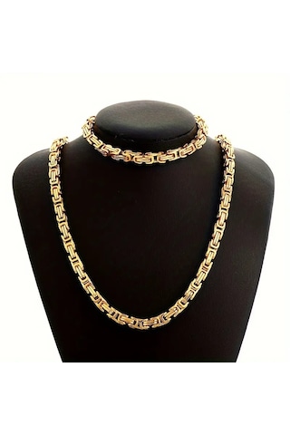 Gold Renk Tamamı Saf Çelik Kral Model Erkek Kolye Bileklik Set 4m