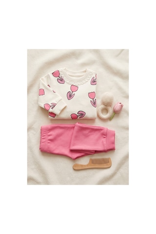 Deniva Kids Kız Bebek Lale Desenli İncili Pamuklu Sweatshirt Ve Eşofman Altı İkili Takım Koyu Pembe
