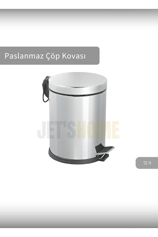 Jet's Home Pedallı Banyo Çöp Kovası Paslanmaz 12 Lt Mutfak Çöp Kutusu Gri Gri