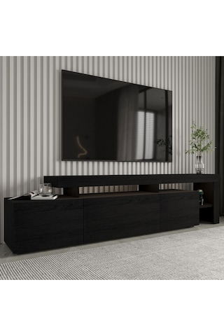 Beliz Modern LED Işıklı 3 Kapaklı, Raflı TV Sehpası – 192 cm, Ahşap Siyah