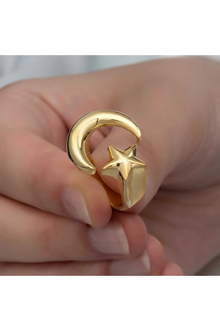 Hedivio 925 Ayar Gümüş Gold Ay Yıldız Kadın Yüzük