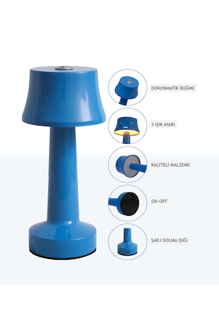 Zenlight Metal Dokunmatik Şarjlı Masa Lambası 320-3 Mavi