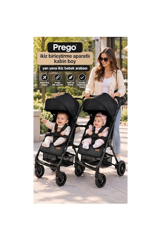 Prego İkiz Apartlı Birleşip Ayrılan Yan Yana İkiz Kabin Boy Bebek Arabası Siyah1