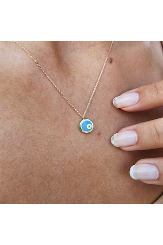 Ala Turkuaz Firuze Mineli Nazar Boncuğu Göz Tasarım Taşsız Modern Hediye Tarz 14 Ayar Altın Kolye