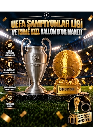 Şampiyonlar Ligi Kupası Ve İsime Özel Ballon D'or Maketi Seti Dünya Kupası Anahtarlık Hediyeli 20cm