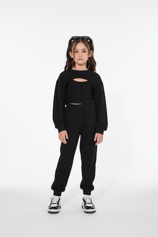 Aden Kids Kız Çocuk Siyah Waffle Örme 3 Parça Alt Üst Takım - Uzun Kollu Crop Ve Boru Paça Jogger