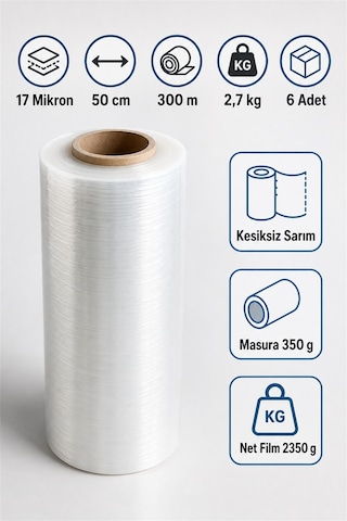 Sanayi Tipi Şeffaf Palet Streci 17 Mikron 50 CM 300 M 2.7 KG 6 Adet Kesiksiz Sarim Eşya Mobilya Koli Sarma Streci