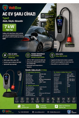 Voltbox Evo7 Taşınabilir Elektrikli Araç Şarj Cihazı 32a/7kw/220v 5 Metre -türkçe Menü 7.4 kW
