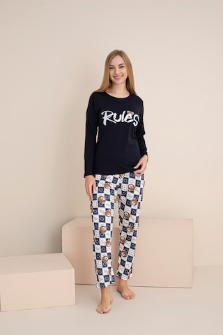 Rindahomewear Kadın Rules Ayıcık Baskılı Süprem Uzun Kol Pijama Takımı Lacivert1
