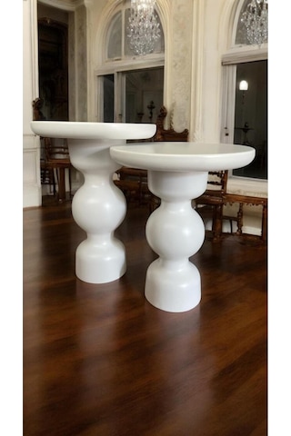 Simillo Wood Wooden Ahşap Beyaz Renk 2'li Set Fitilli Mantar Yan Sehpa Modern Fisko Kod:50499804547 Beyaz