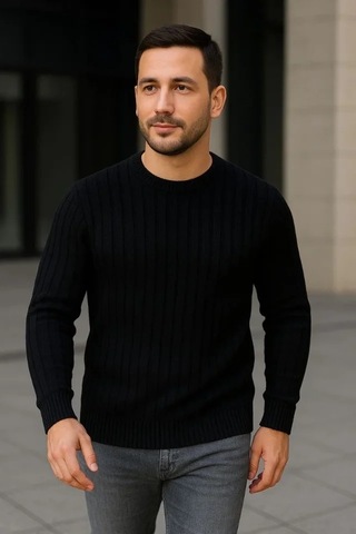 Defymoda Erkek Fitilli Triko Kazak 2 Li Set Siyah Haki Kalın Dokuma Pamuklu Regular Fit Bisiklet Siyah - Haki