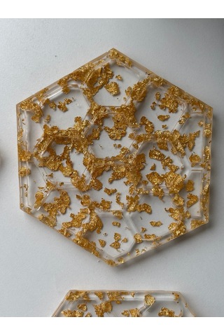 Epoksi Reçine Bardak Altlığı - 4'lü Takım - Altın Varaklı Altın