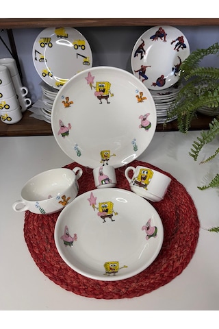 5 Parça Sünger Bob Model Çocuk Bebek Yemek Takımı Beslenme Seti Çok Renkli