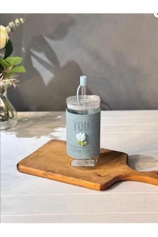 Minnoş 350ml Cam Pipetli Bardak Kapaklı Süet Kılıflı Soğuk Kahve Smoothie Sunum Bardağı A