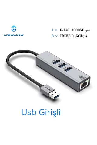 Ugourd 1000-mbps Rj45 Ethernet Dönüştürücü Adaptör Usb Giriş+3 Adet 3.0 Usb Girişi Ce Lisanslı Sağlam Gigabit 1000mbps Rj45 Ethernet Dönüştürücü Adaptör