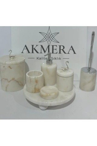 Sarı Tonlu Mermer Top Ayaklı Gerçek Mermer 7 Parça Ultra Lüks Banyo Seti beyaz
