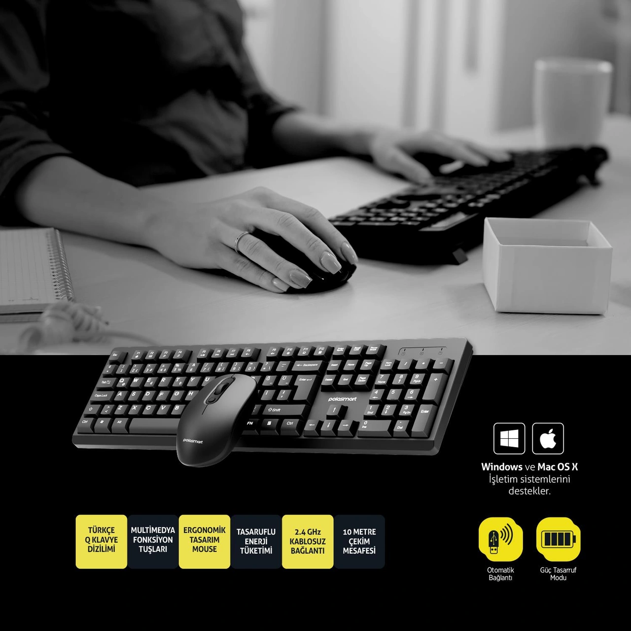 Polosmart Psk13 Kablosuz Klavye & Mouse Set Siyah