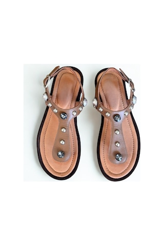 Ne&ve Shoes Taba Hakiki Deri Kadın Parmak Arası Taşlı Sandalet