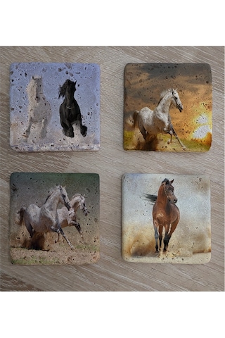Koşan Atlar Doğal Taş Bardak Altlığı 4'lü Set - Natural Stone Coasters - Taş Çok Renkli
