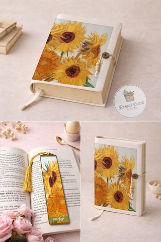 Kitap Kılıfı Ve Metal Kitap Ayracı Seti Van Gogh Ayçiçekleri
