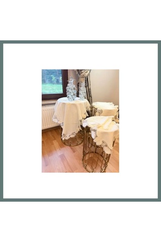 Ventra Salon Takımı Flowers Model Krem 5 Parça Keten Dantelli Runner Seti No 99325 Ventra