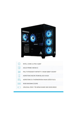 Aerstone Neon i5-225F 16 GB 1 TB SSD RTX 5060TI Free Dos Masaüstü Bilgisayar