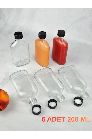 6'lı Sızdırmaz Siyah Kapaklı Cam Detoks Şişesi Cold Brew Yassı Şişe Seti - 200 Ml Şeffaf