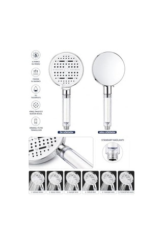Krom Filtreli Duş Başlığı 6 Modlu Yüksek Basınçlı Tasarruflu El Duşu Kireç Önleyici Mineral Filtreli Banyo Duş Başlığı 12,5 Cm Geniş Başlıklı Evrensel Uyumlu