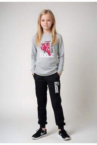 Fyk Kids Kız Çocuk Pembe Motor Baskılı Bel Detayı Lastikli Alt-üst Pijama Takımı Gri