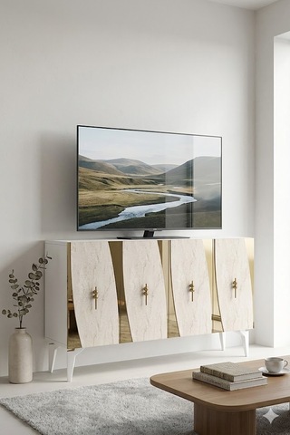 Ka1213btg Elips Konsol Ve Tv Sehpası Beyaz-traverten-gold 120cm