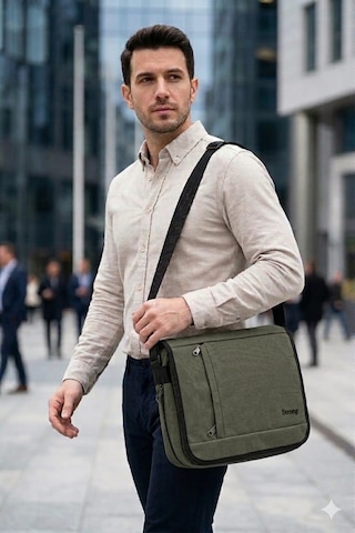 Sr-06 Kanvas Pamuk Postacı Çantası Notebook Macbook Tablet Ders Kitabı Okul Ve Üniversite Çantası Haki
