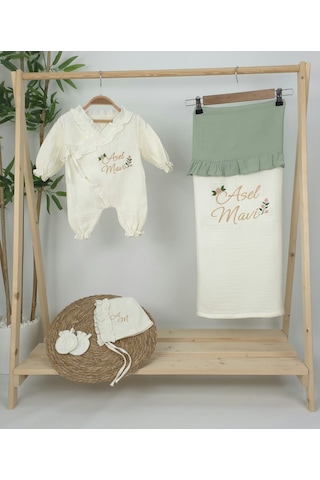 Gros Shop Müslin Yeni Doğan 4katlı Organik %100pamuk Kişiye Özgü Nakışlı Hastane Çıkış Seti Güllü Model-5 Ekru-2