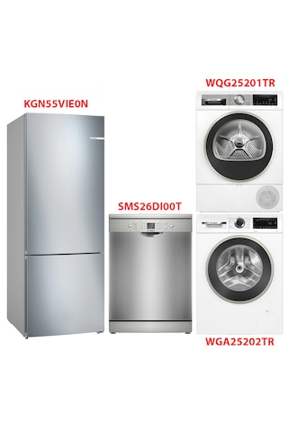 Bosch KGN55VIE0N - WGA25202TR - WQG25201TR - SMS26DI00T Beyaz Eşya 4'lü Set