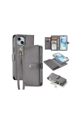 İphone 15 Plus Kılıf Dux Ducıs Lawa Serisi Ayrılabilir Manyetik Dana Derisi Deri Kapak Fermuar Çok Renkli